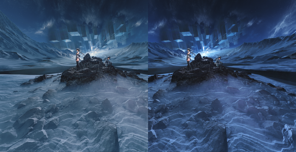 Left and right eye views of a character beside the coast under a blue sky.